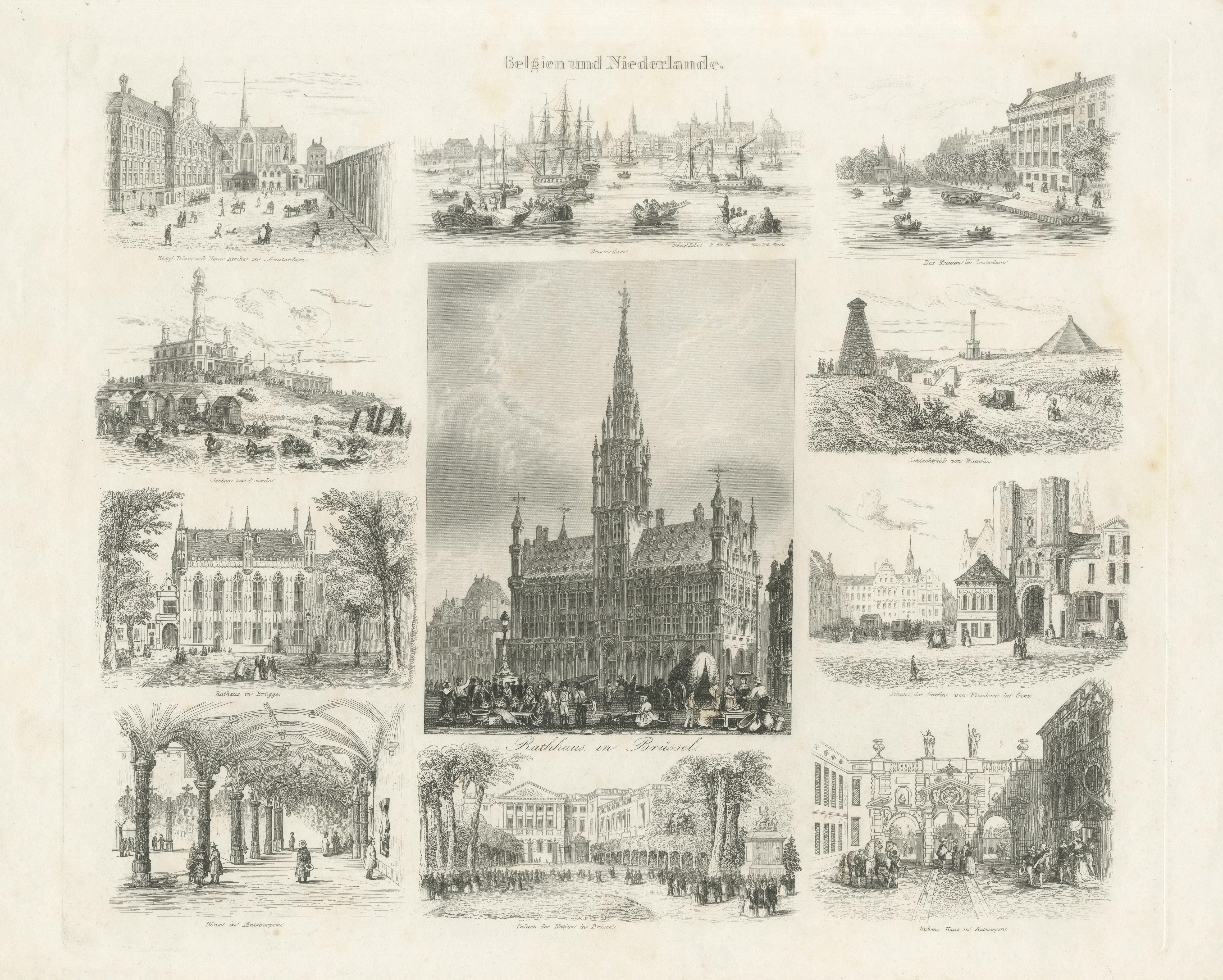 Antique Print with Various Views of Belgium and the Netherlands In Fair Condition For Sale In Langweer, NL