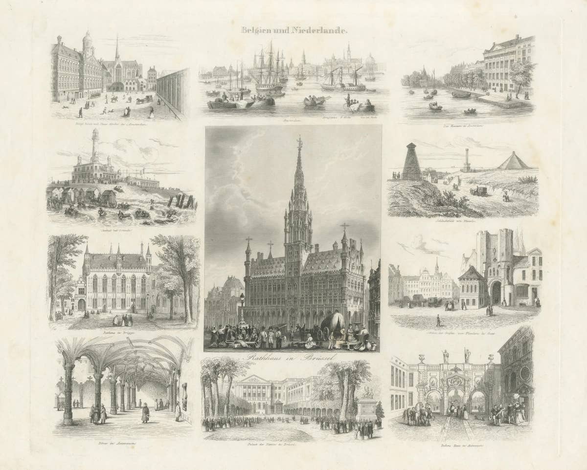 Antique Print with Various Views of Belgium and the Netherlands