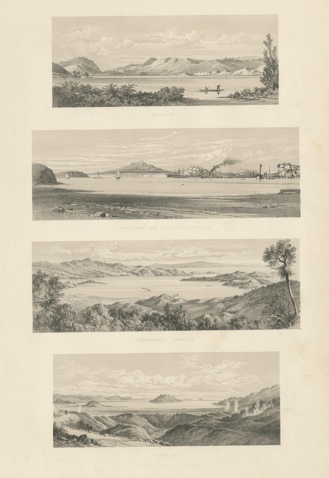 Antique print titled 'Roto Iti - Freemans Bay Auckland Harbour - Coromandel Harbour - Roto Rua'. Various views of New Zealand. Lithographed by C.F. Kell after drawings by Barraud. This print originates from 'New Zealand: Graphic and Descriptive',