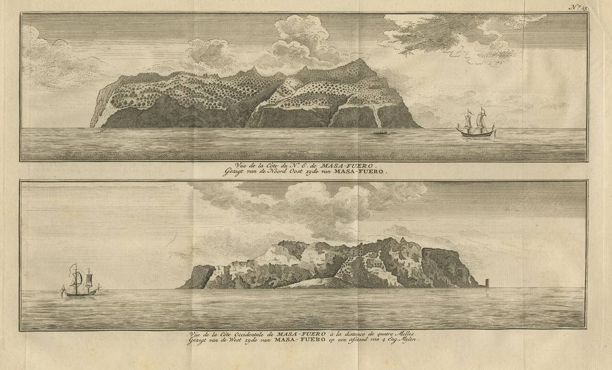 Antique Print with Views of Alejandro Selkirk Island by Anson '1749'