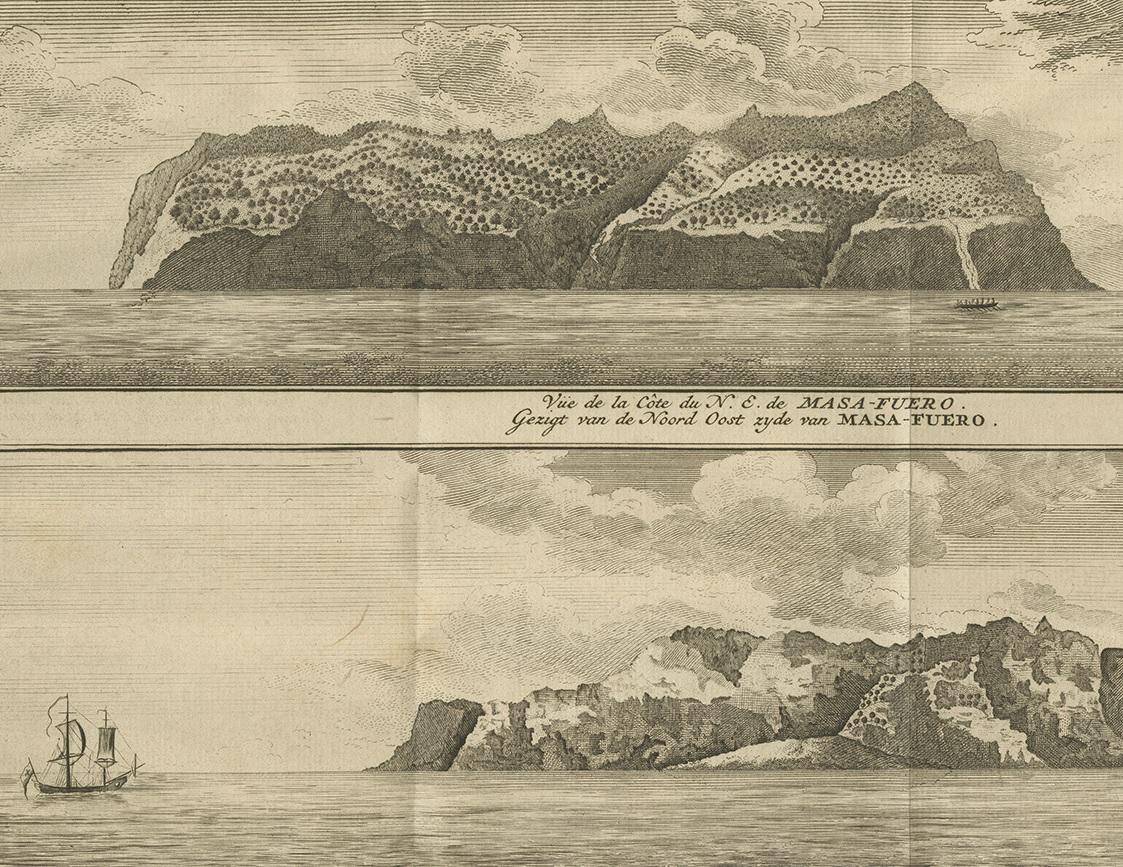 Impression ancienne avec vues de l'île d'Alejandro Selkirk par Anson '1749' Bon état - En vente à Langweer, NL
