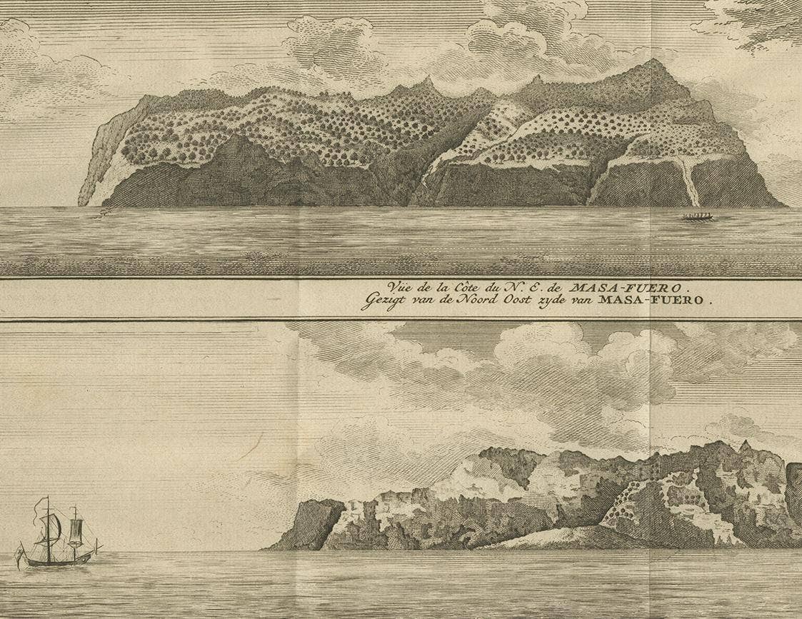 Antique Print with Views of Alejandro Selkirk Island by Anson '1749'