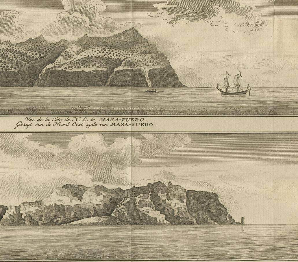Antique Print with Views of Alejandro Selkirk Island by Anson '1749'