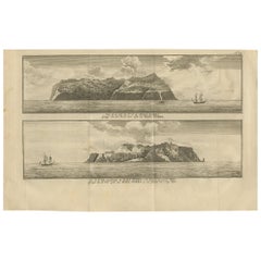 Antiker antiker Druck mit Ansichten der Insel Alejandro Selkirk von Anson '1749'
