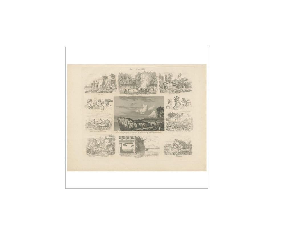 Antique print with 11 scenes of Australia. Depicting for example a Kangaroo, a Temple various other animals and many more. This print originates from 'Album für Freunde der Länder und Völkerkunde' published in Leipzig, c.1844.