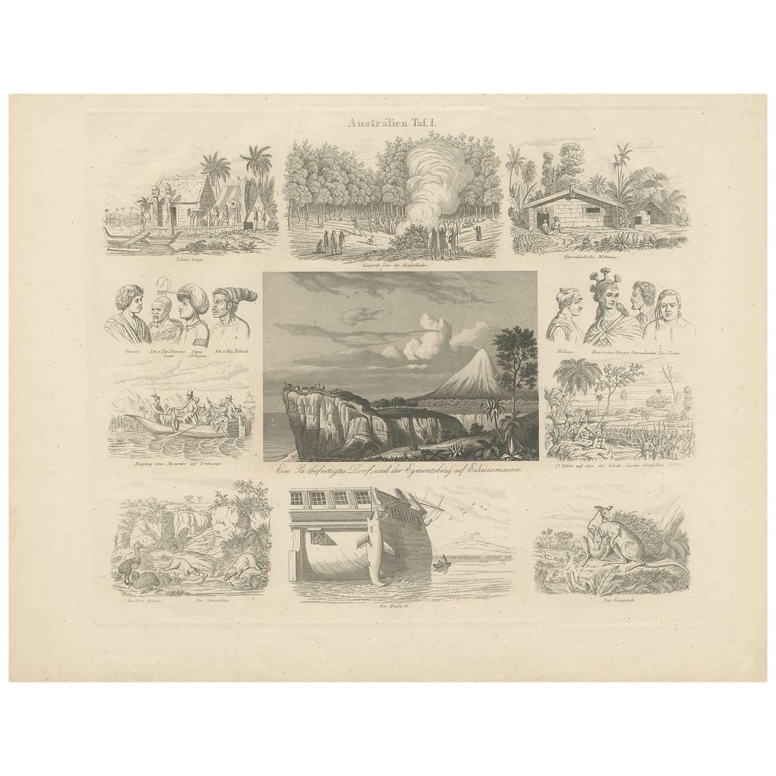 Gravure ancienne avec vues de l'Australie I par Rosmäsler, vers 1844