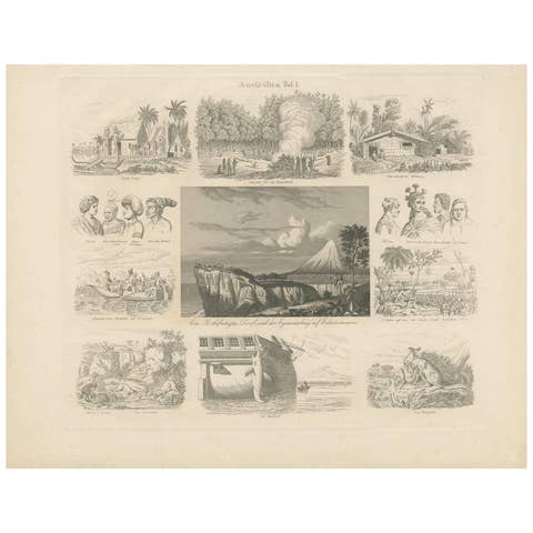 Antique Print of 11 Australian Scenes – Kangaroo, Temple & Natives, c.1844