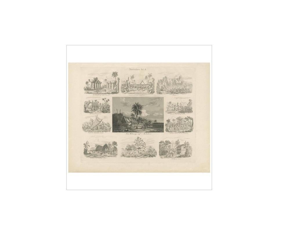 Antique print with 11 scenes of Australia. Depicting for example a house in Nukahiwa, Pinguïns and many more. This print originates from 'Album für Freunde der Länder und Völkerkunde' published in Leipzig, circa 1844.