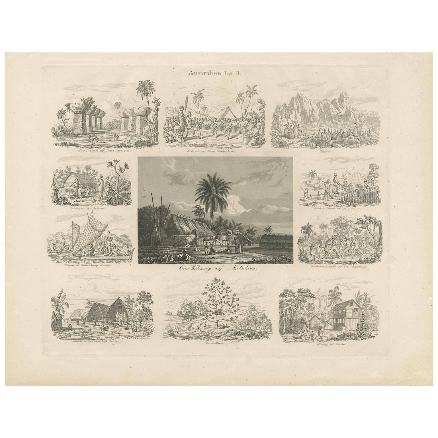 Antique Print with Views of Australia (II) by Rosmäsler, circa 1844 For Sale