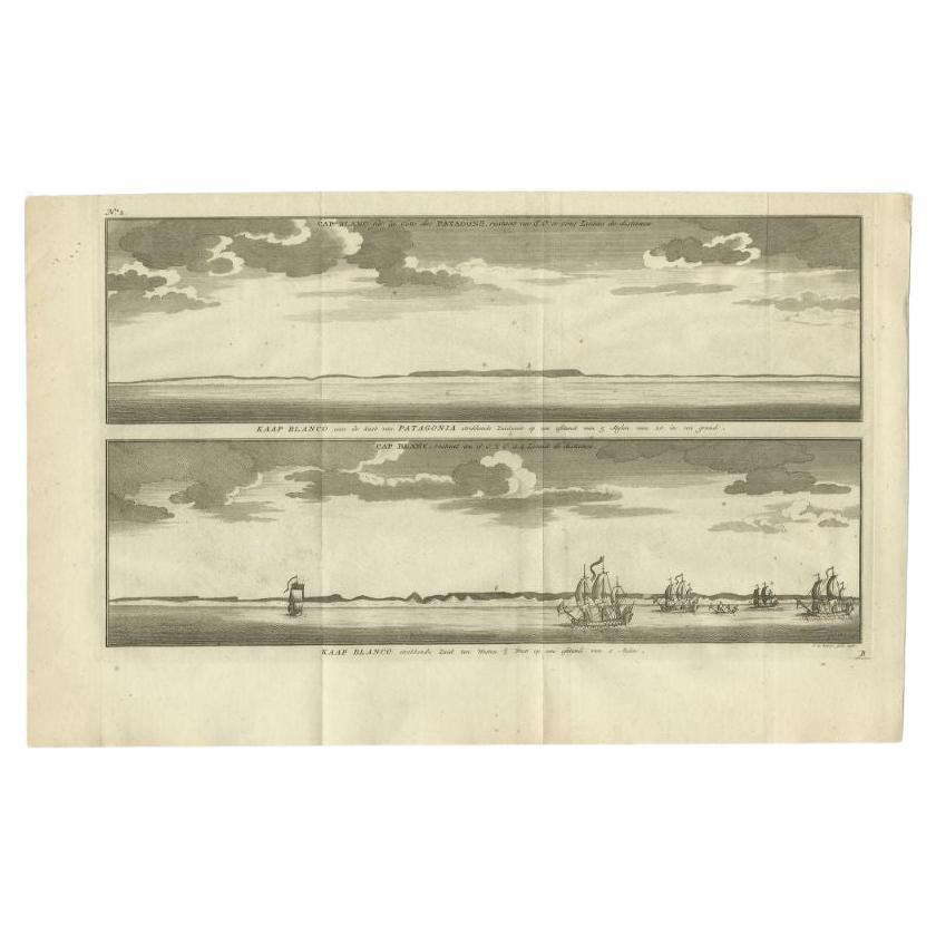 Antique print titled 'Kaap Blanco aan de kust van Patagonia (..)' and 'Kaap Blanco strekkende Zuid ten Westen.' Coastal views of Cape Blanco on the Patagonia / Argentina coast with the ships that were part of the voyage of George Anson around the