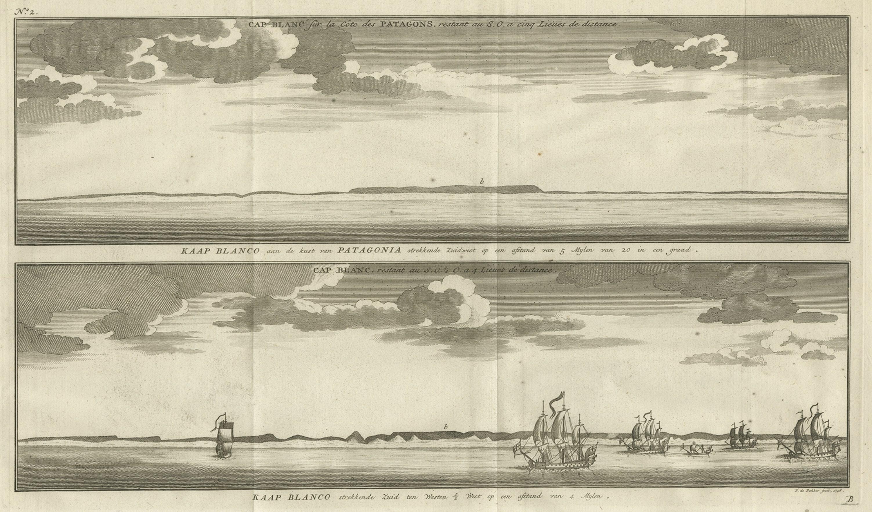 18th Century and Earlier Antique Print with Views of Cape Blanco on the Patagonia / Argentina Coast, 1749 For Sale