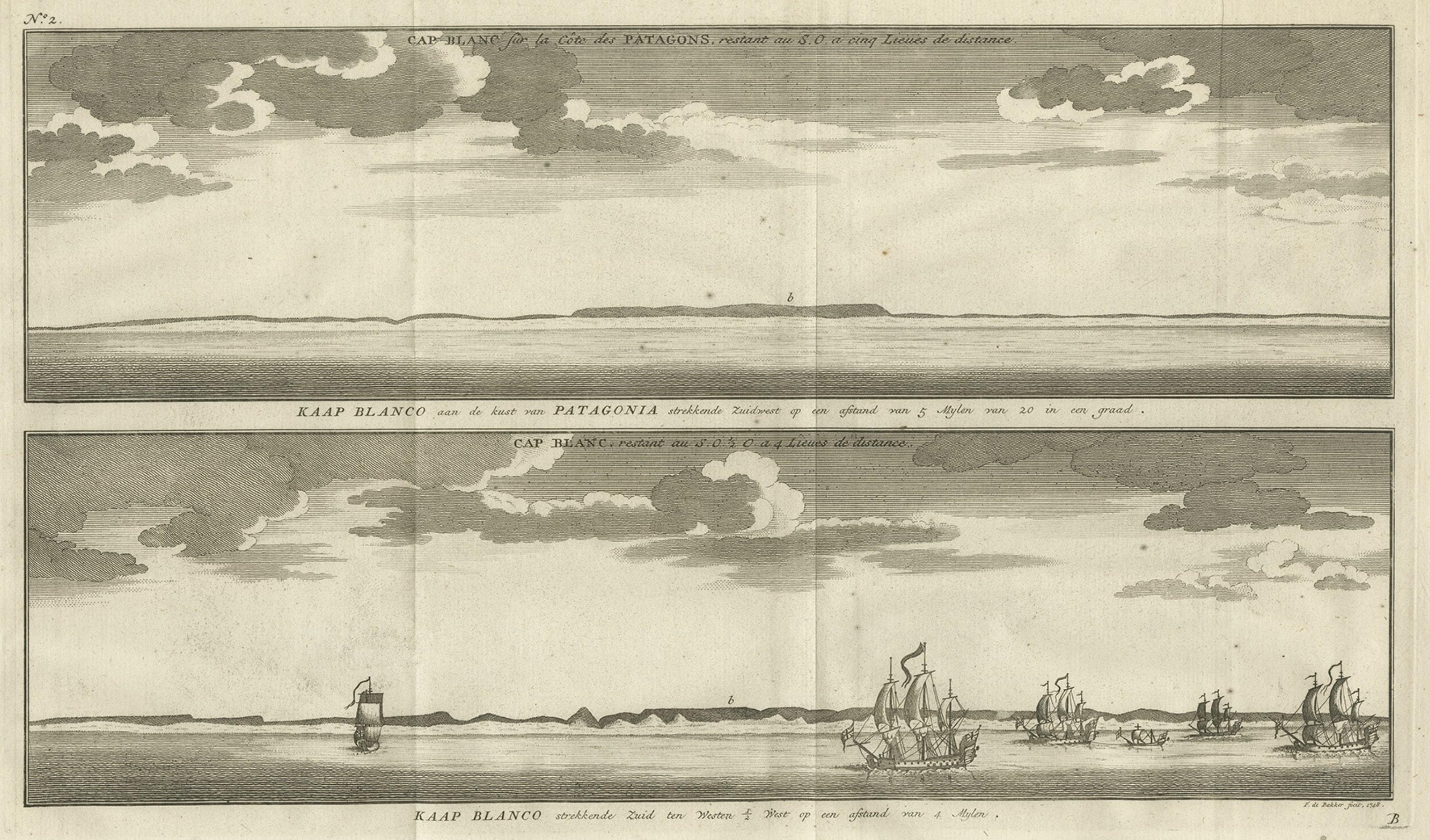 Carta Stampa antica con vedute di Capo Blanco sulla costa della Patagonia / Argentina, 1749 in vendita