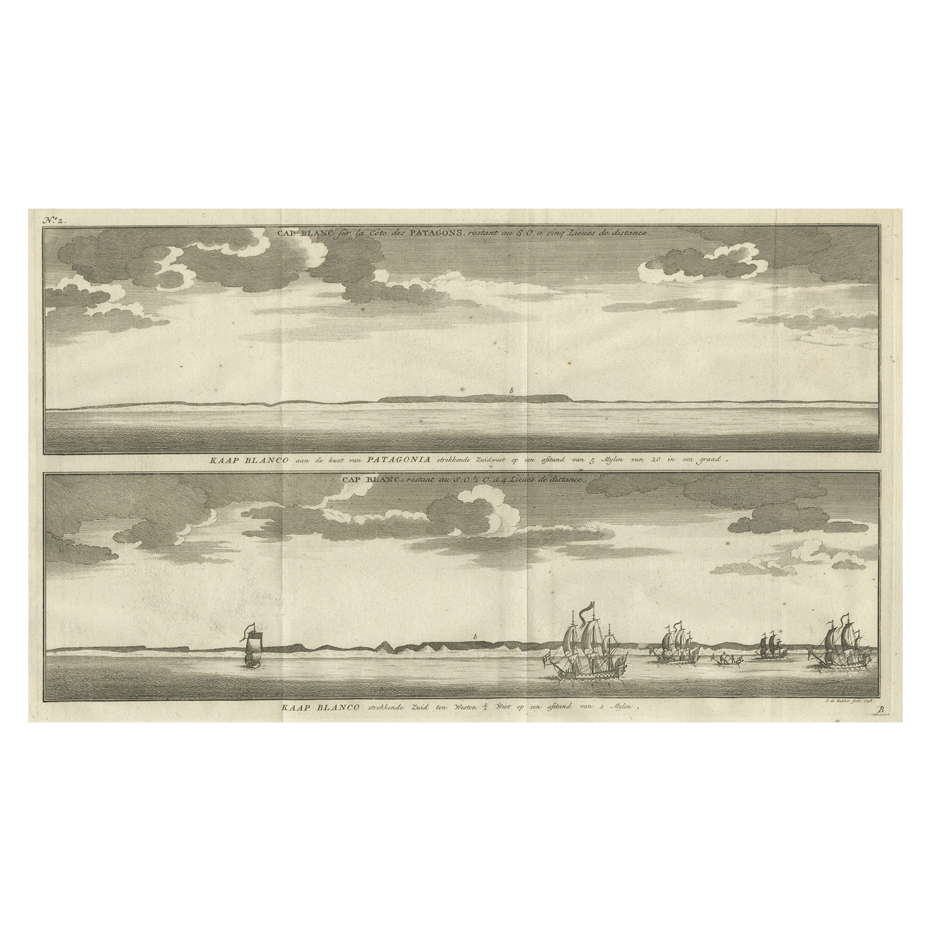 Impression ancienne avec vues du Cap Blanco sur la côte de la Patagonie / de l'Argentine, 1749