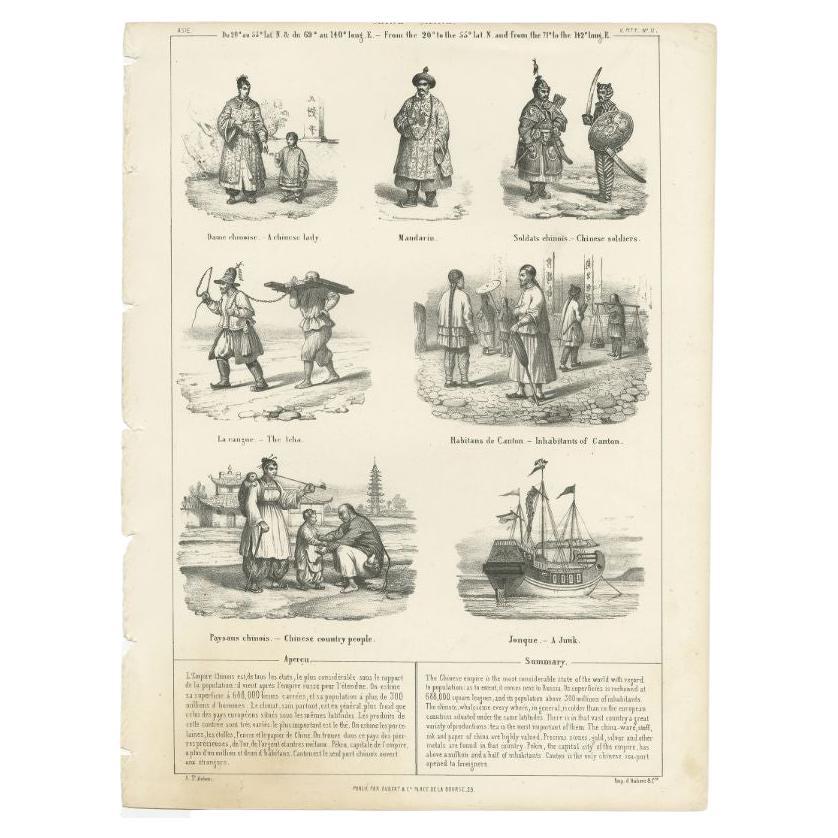 Antique print titled 'Dame Chinoise - Mandarin - Soldats Chinois - La Cangue (..)'. Print with various view of Chinese people and scenes including a Chinese lady, a Mandarin, Chinese soldiers, punishment of the Tcha, inhabitants of Canton, Chinese