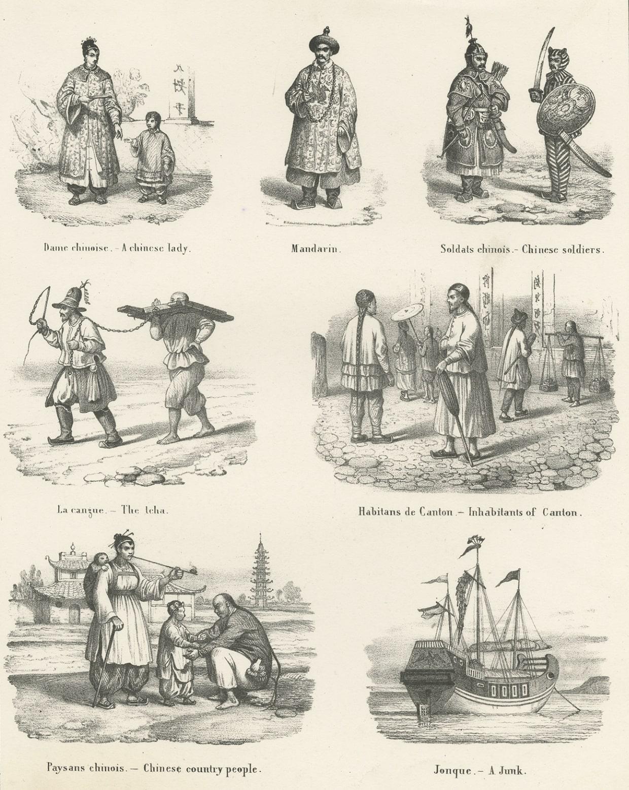 19th Century Antique Print with Views of China Incl Punishment, a Junk and a Mandarin, C.1860 For Sale