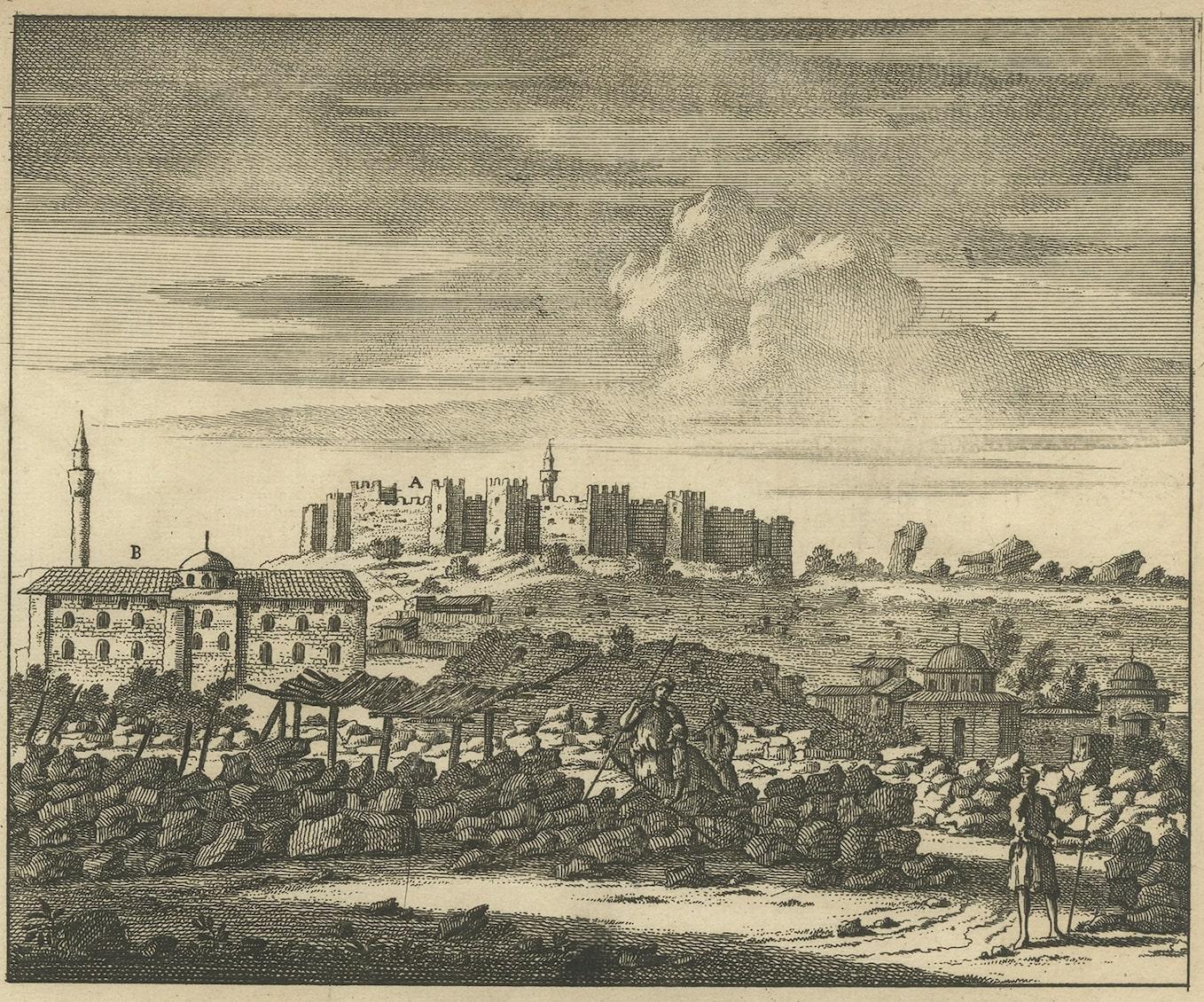 Descripción: Grabado antiguo con dos vistas de Éfeso, Grecia, antigua ciudad griega, y más tarde importante ciudad romana, en la costa occidental de Asia Menor, cerca de la actual Selcuk, provincia de Esmirna, Turquía. Este grabado procede de