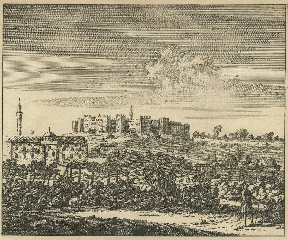 Antique Print with Ephesus, Greece, an ancient Greek city, now Turkish, CA.1698