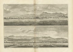 Stampa antica con vedute di Qom e Kashan, Persia, Iran