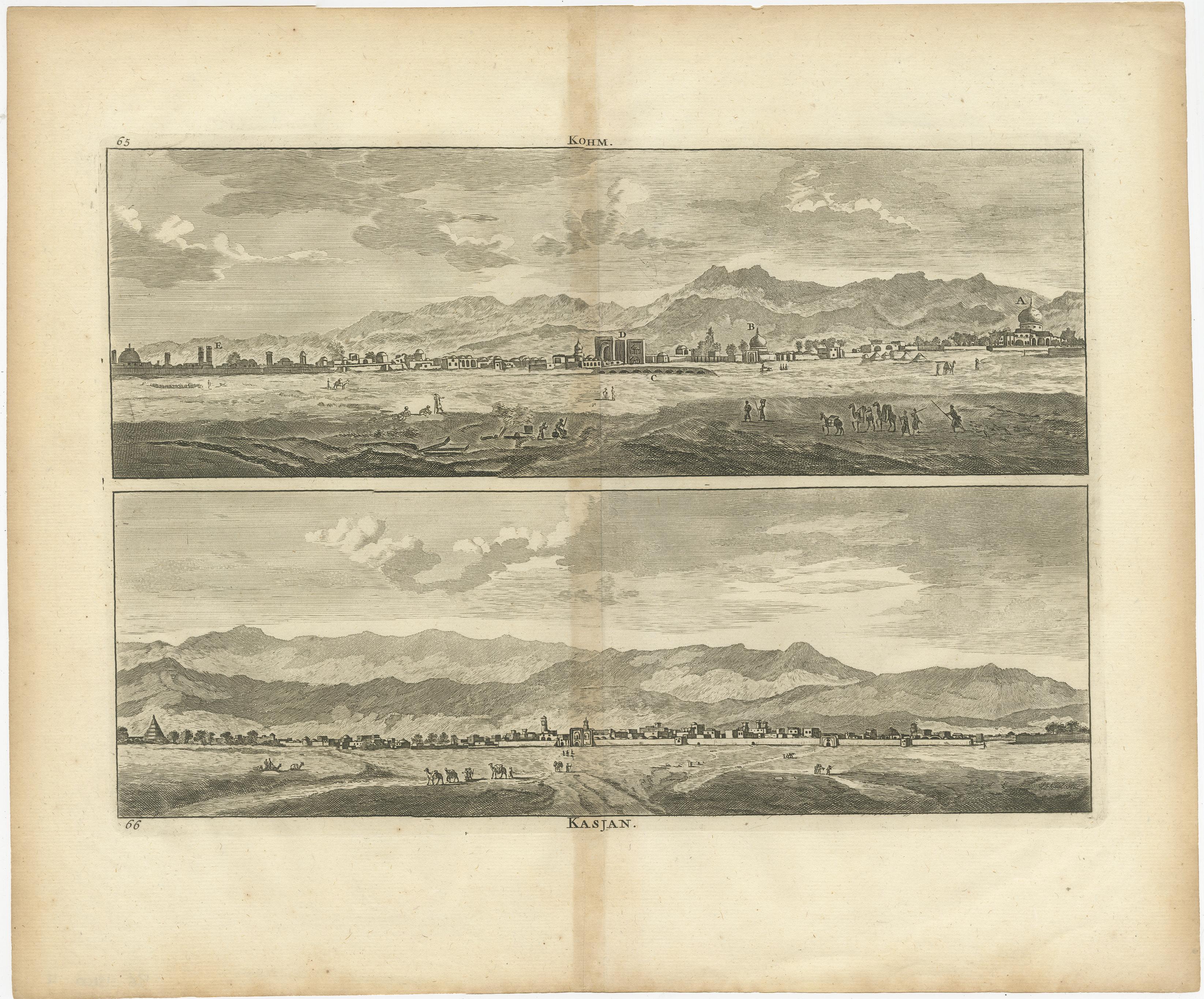 Papier Impression ancienne avec vues de Qom et de Kashan, Perse, Iran en vente