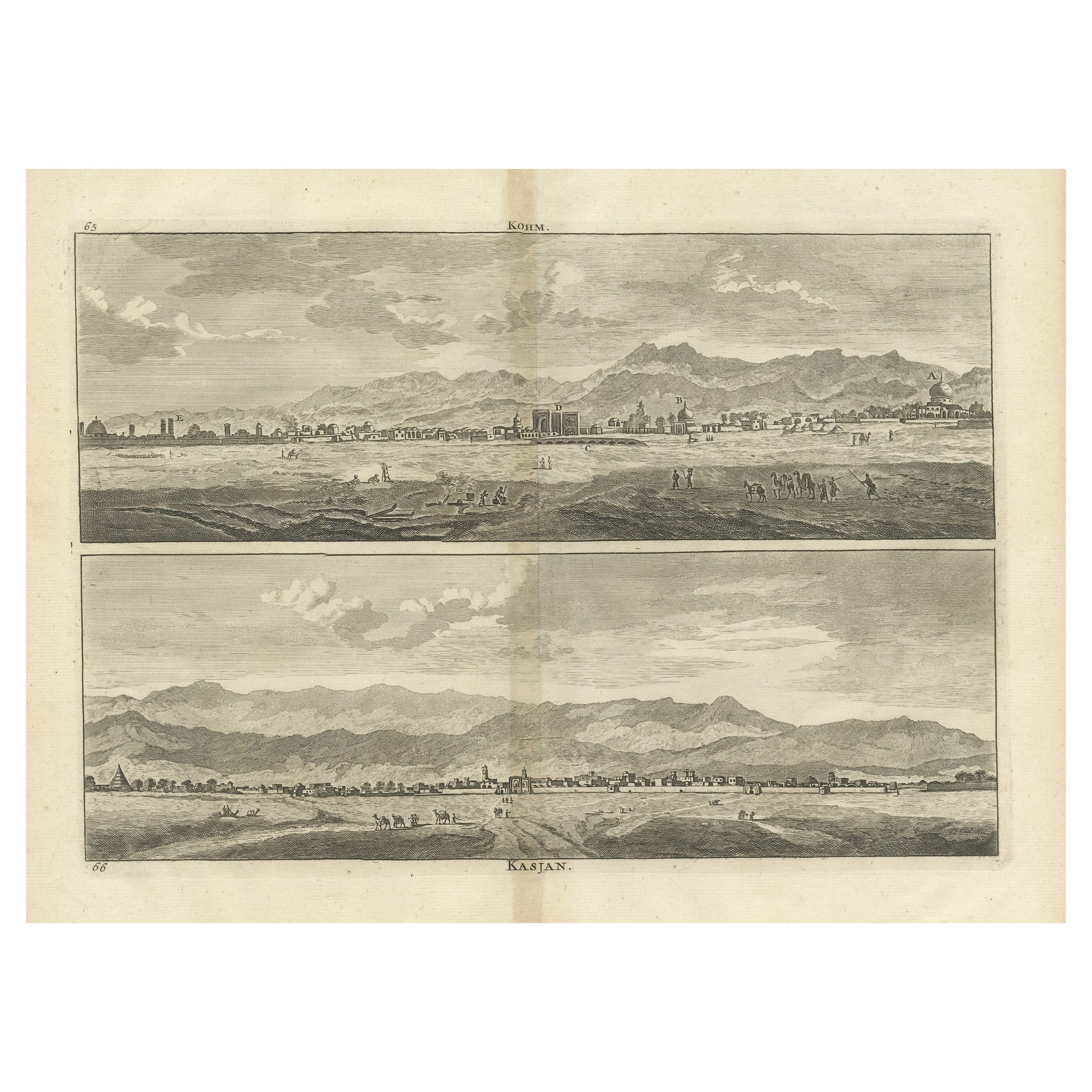 Antiker Druck mit Ansichten von Qom und Kashan, Persien, Iran