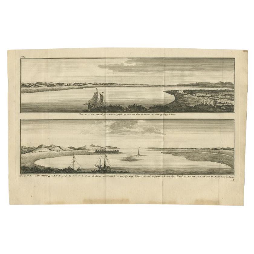 Antique Print with Views of San Julian in Patagonia, 1749 For Sale