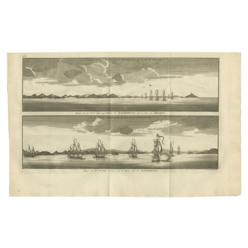 Antiker Druck mit Ansichten der Insel Santa Catarina, Teil Brasiliens, 1749