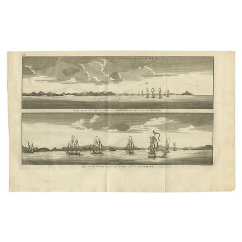 Antique Print with Views of Santa Catarina Island, Part of Brasil, 1749
