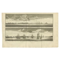 Impression ancienne avec vues de l'île de Santa Catarina, partie du Brésil, 1749