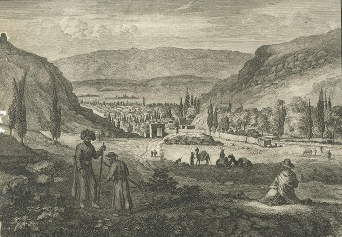 Antique Print with Views of Shiraz, Southwest Central Iran, 1711 For Sale 1