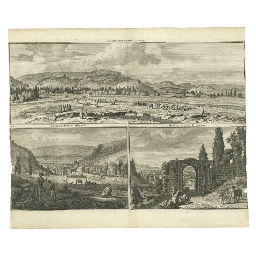 Impression ancienne avec vues de Shiraz, centre sud-ouest de l'Iran, 1711
