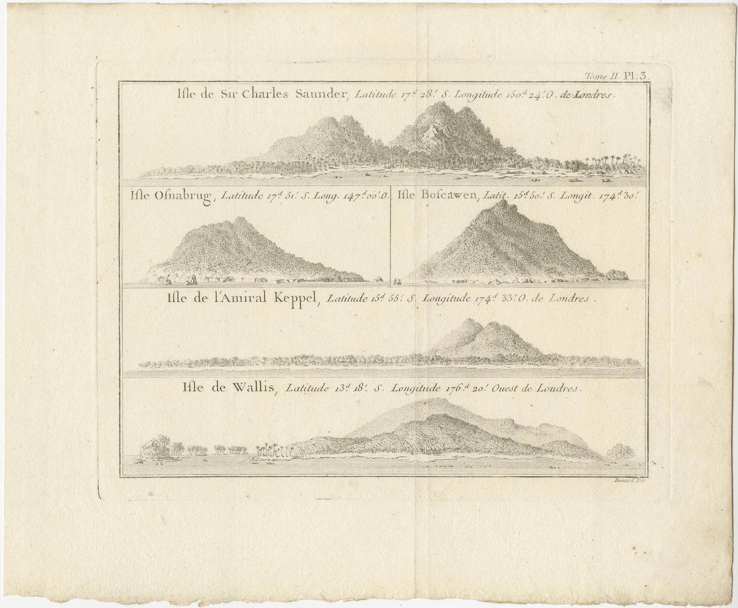 Explore the captivating world of the 18th century with this exquisite antique print titled 'Isles de Sir Charles Saunder Latitude (...)'. I A journey through time as you delve into the coastal views of Sir Charles Saunders Island, Osnaburg Island