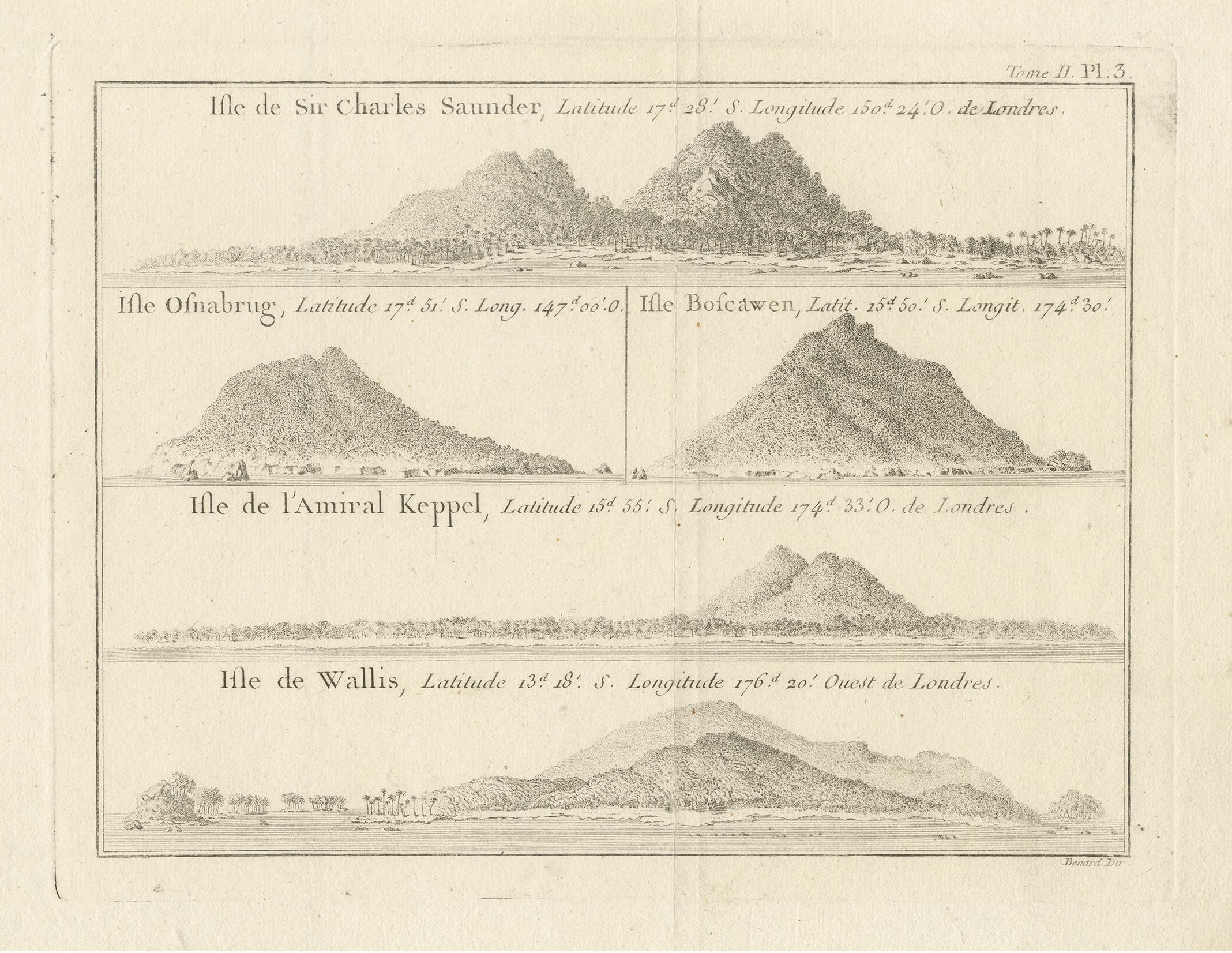Engraved Antique Print with Views of Sir Charles Saunders Island and Other Islands, 1774 For Sale