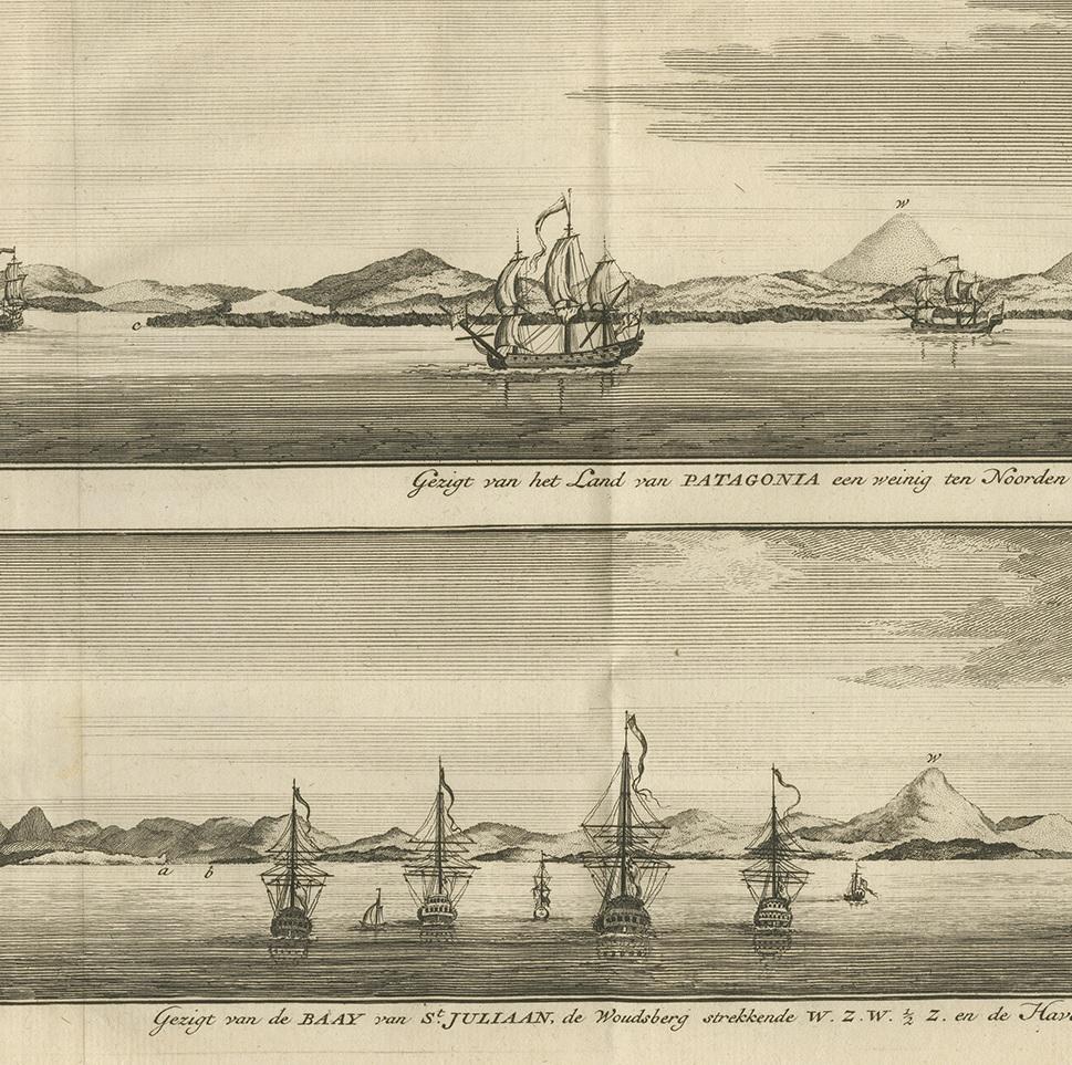 Stampa antica con vedute di San Giuliano, Patagonia, 1749 In condizioni buone in vendita a Langweer, NL
