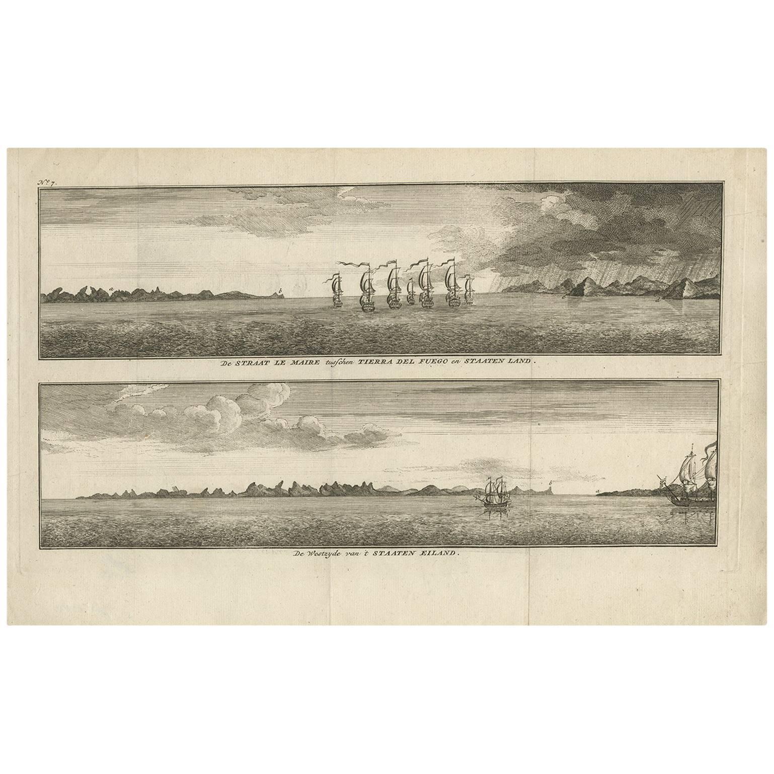 Antiker Druck mit Ansichten von Staten Island und Tierra del Fuego von Anson (ca. 1760)