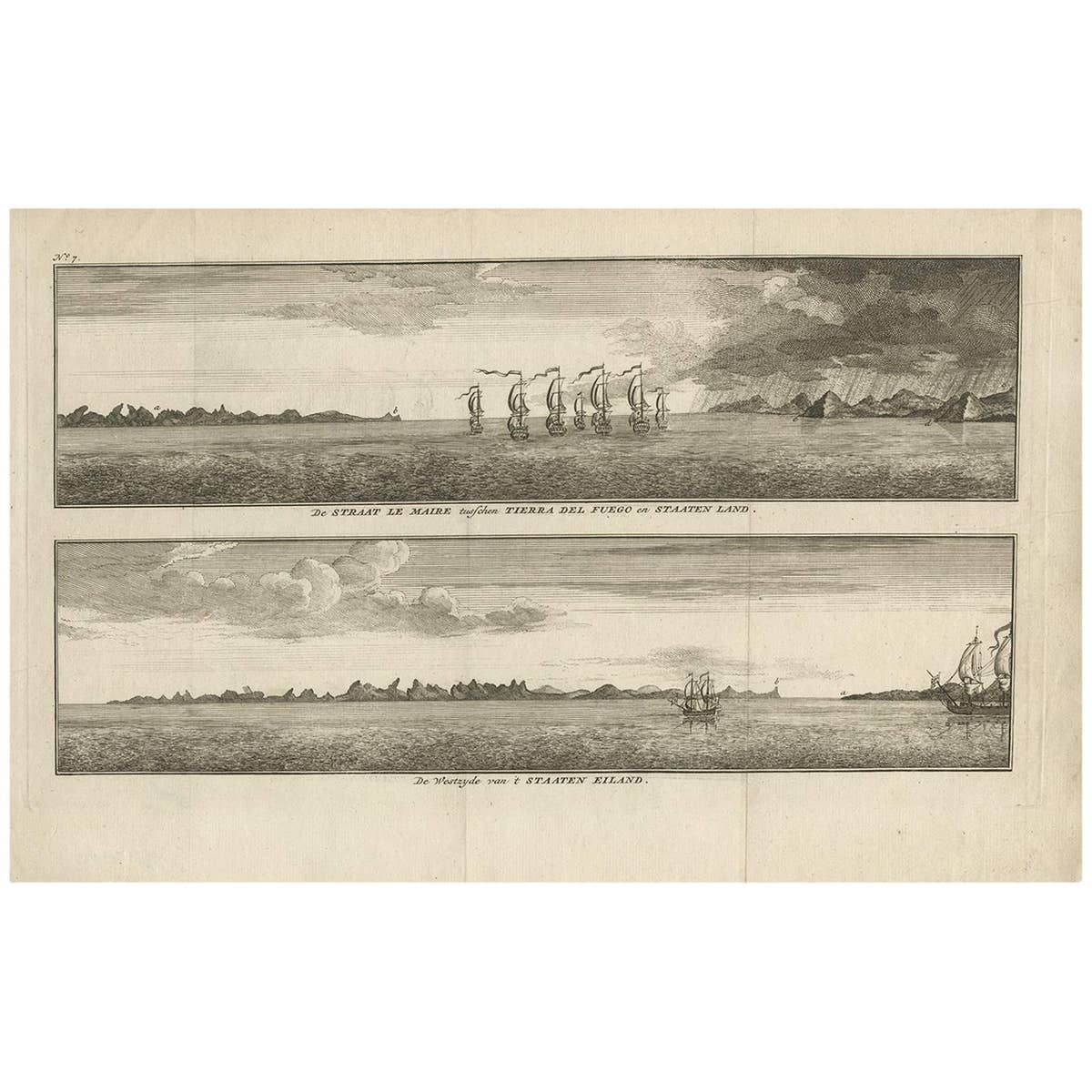 Antique Print with views of Staten Island and Tierra del Fuego by Anson (c.1760)