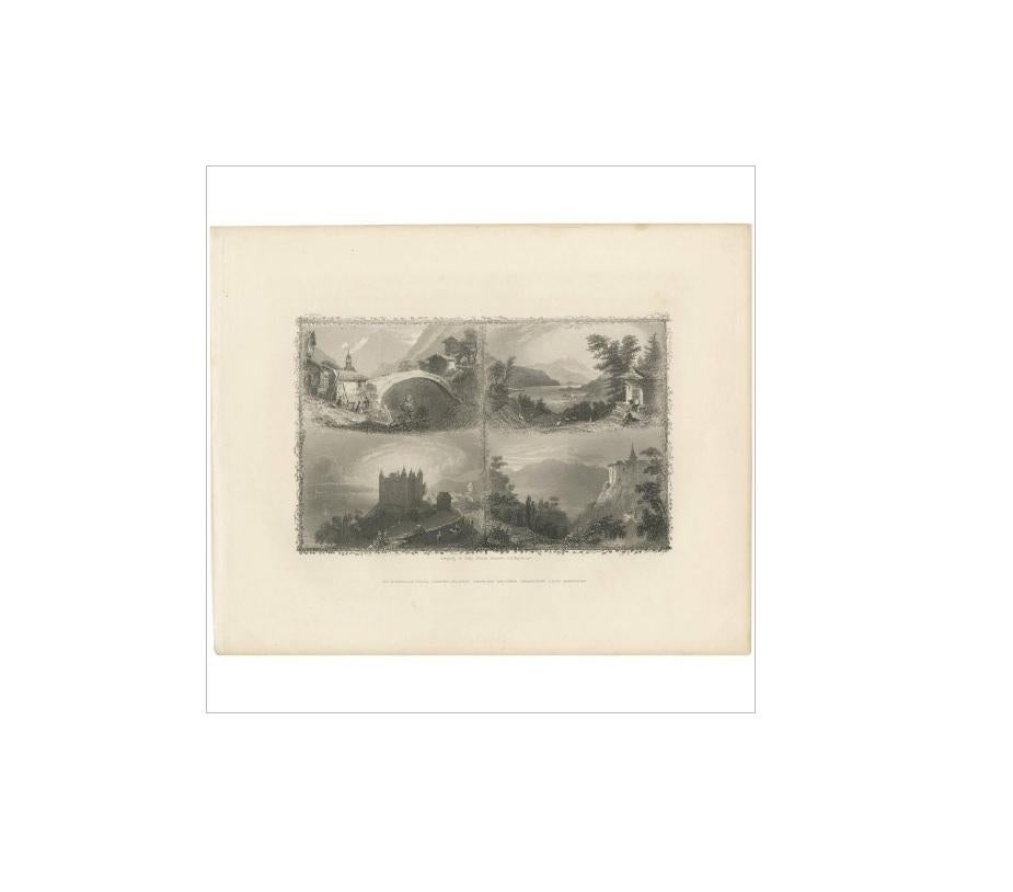 Antique print with four different views of Switzerland. 1. St, Nicholas Thal, 2. Mount Pilatus, 3. Schloss Granson, 4. Magadion Lago Maggiore. Published by A.H. Payne, circa 1850.