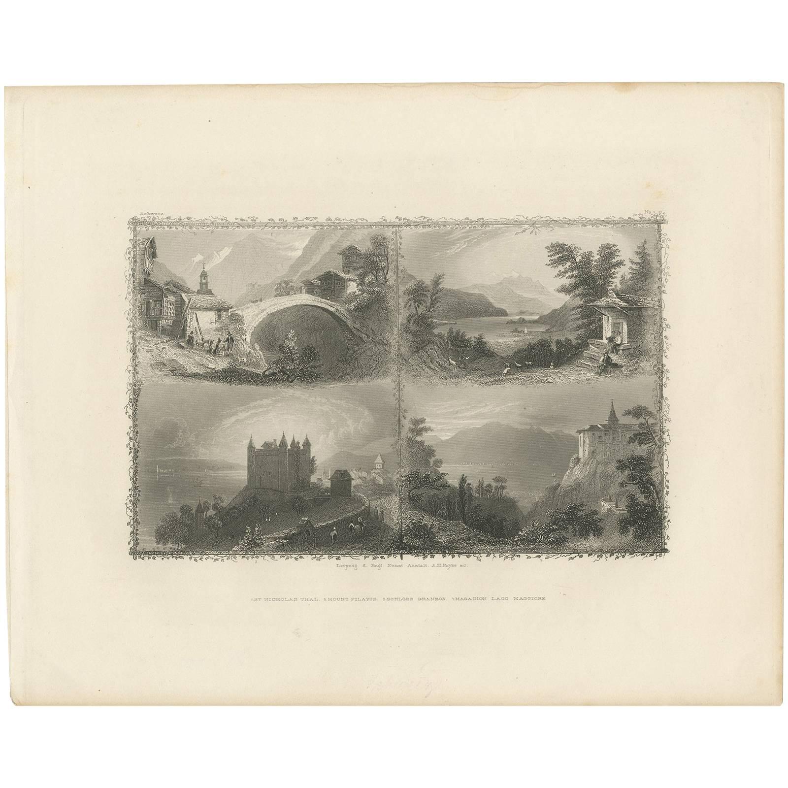 Antique Print with views of Switzerland by A.H. Payne, circa 1850 For Sale