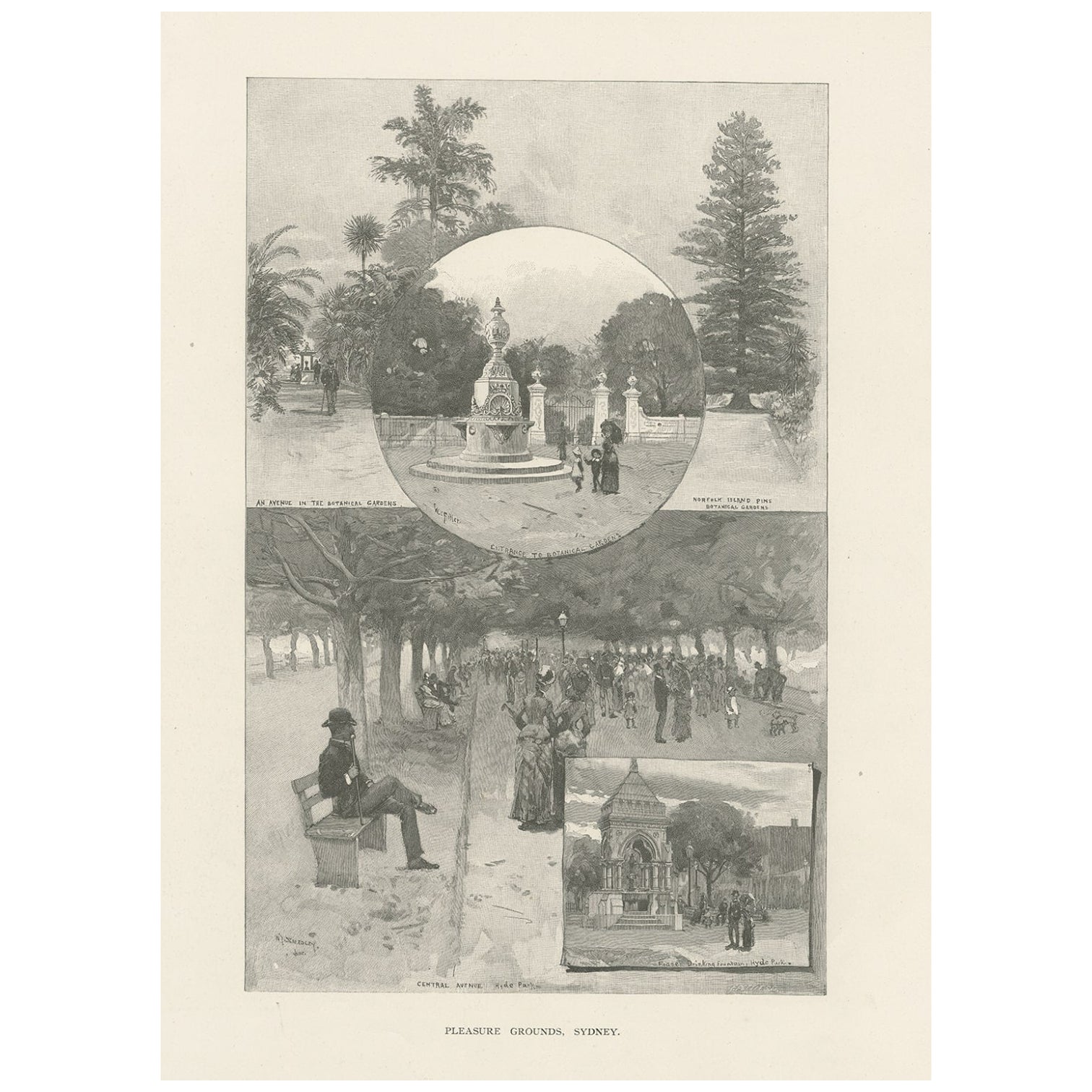 Impression ancienne avec vues de Sydney en Australie, c.1886 en vente