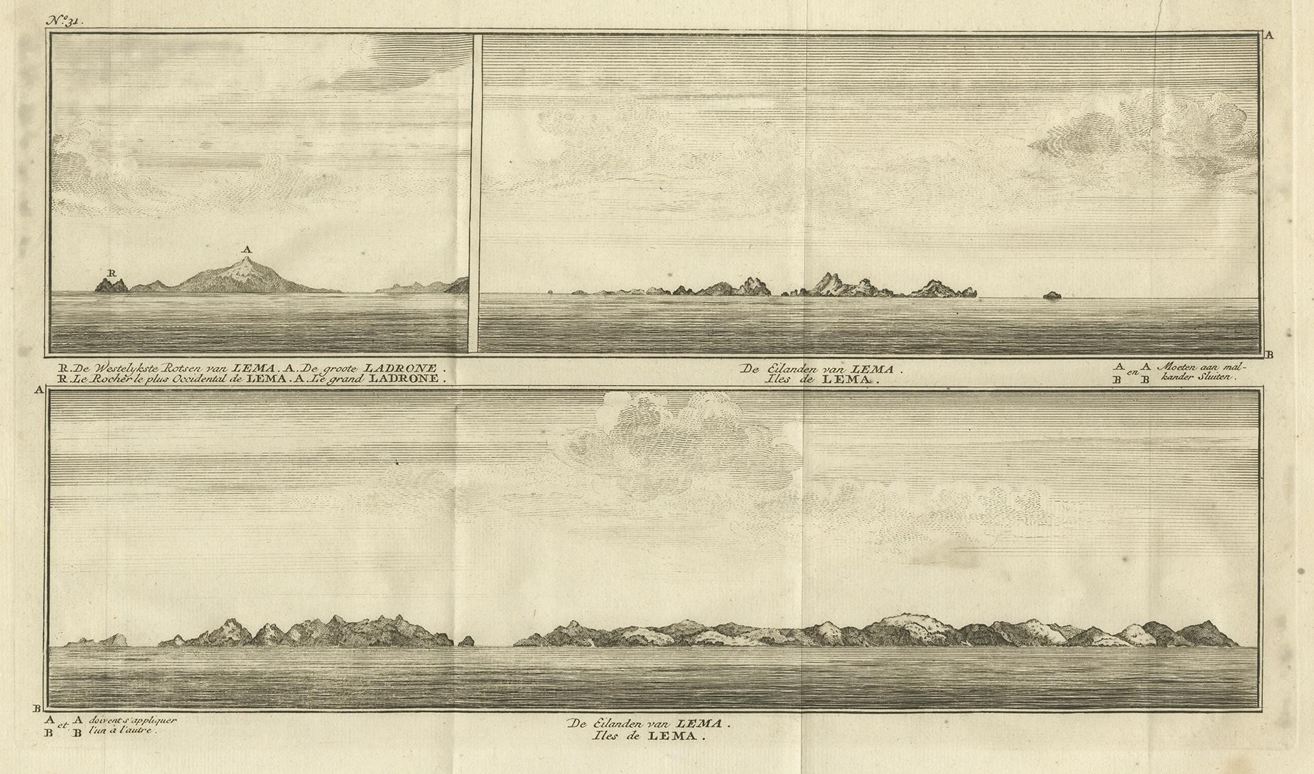 Antique print titled 'Iles de Lema (..)'. Various views of the Lema Islands, part of the Wanshan Archipelago, formerly known as the Ladrones Islands, part of Xiangzhou District in Zhuhai, Guangdong Province, China. This print originates from 'Reize