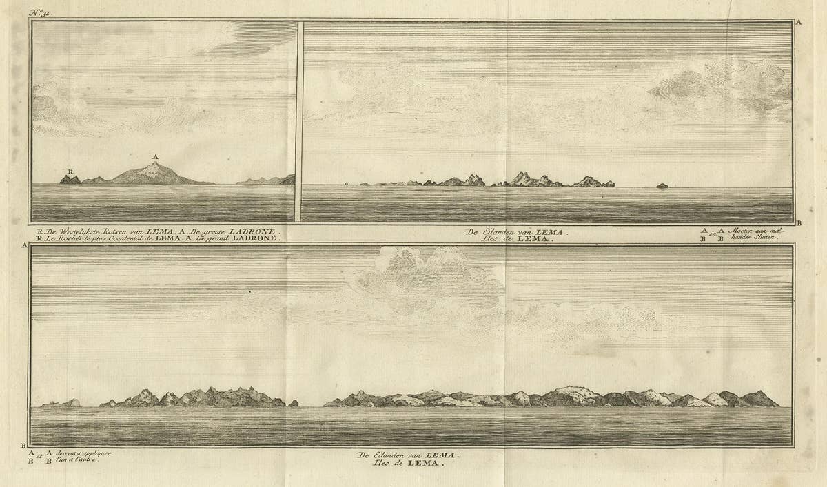 Antique Print with Views of the Lema Islands by Anson '1749'