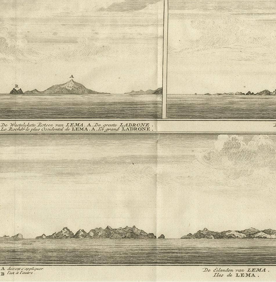 Antique Print with Views of the Lema Islands by Anson '1749'