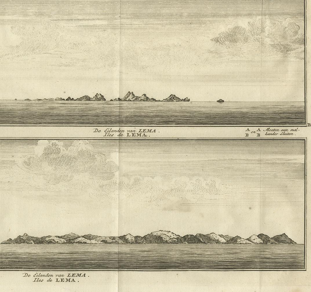 XVIIIe siècle Impression ancienne avec vues des îles Lema par Anson '1749' en vente