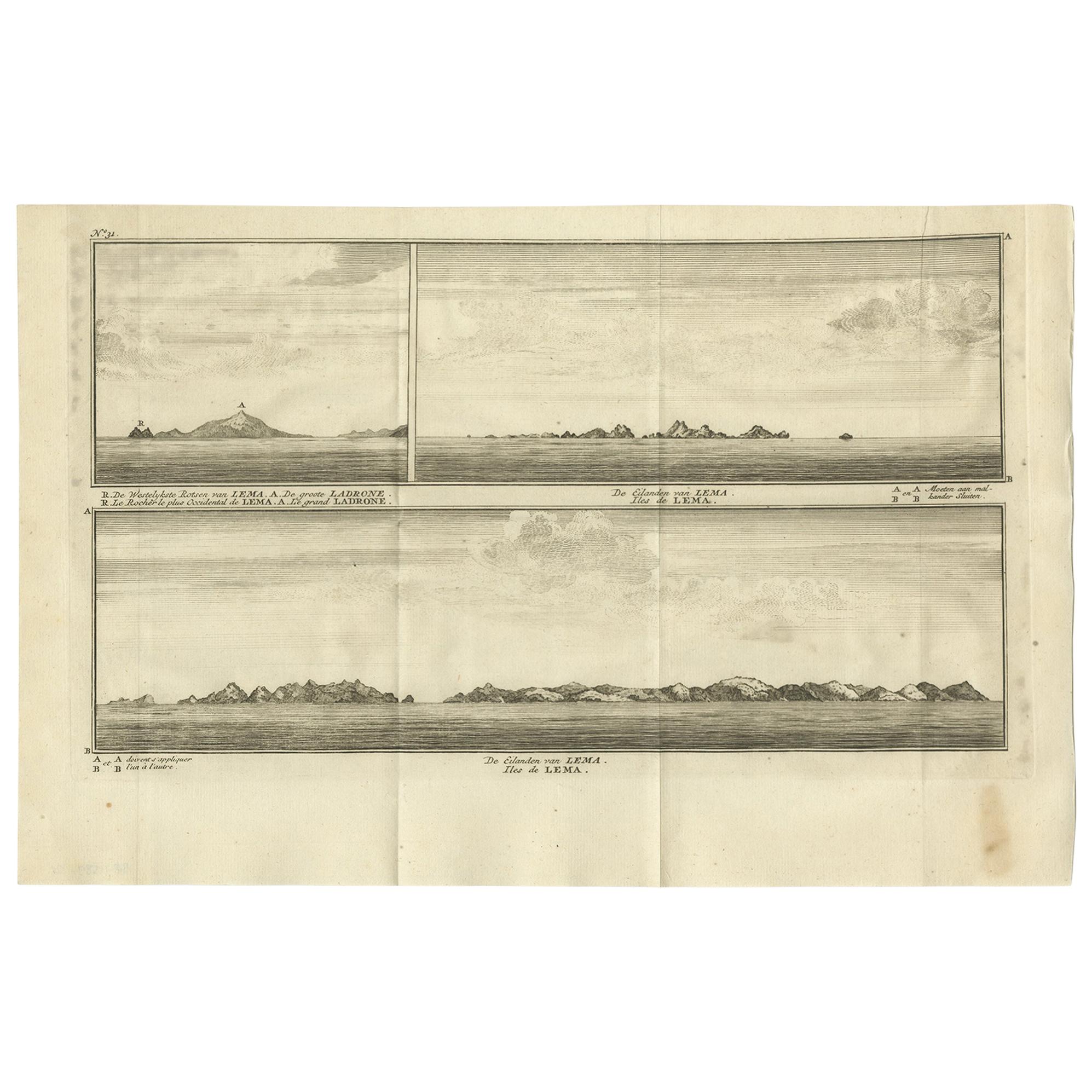 Antiker Druck mit Ansichten der Lema-Inseln von Anson „1749“