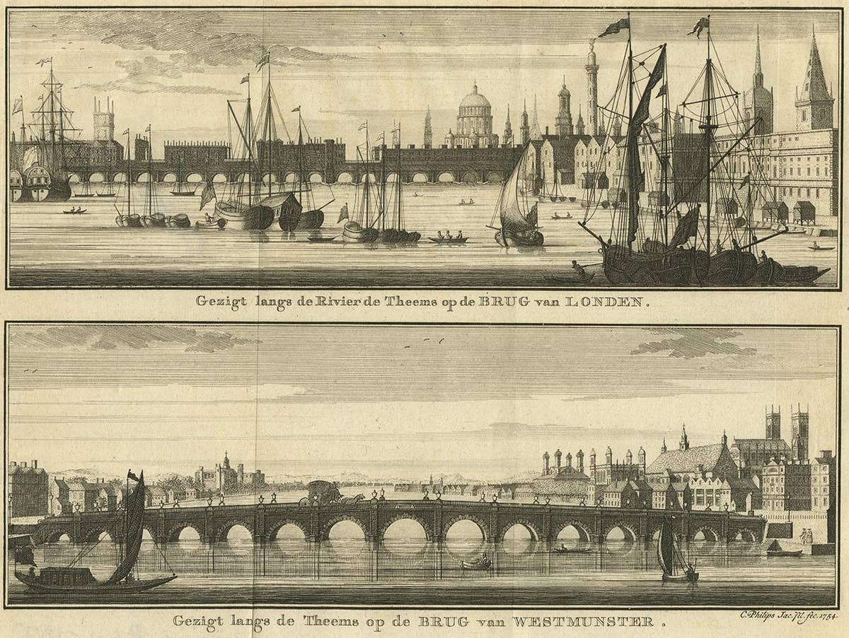 Antique Print with Views of the London Bridge and Westminster Bridge, 1754