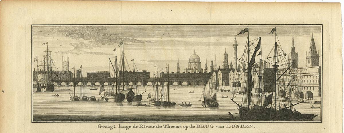 Antique Print with Views of the London Bridge and Westminster Bridge, 1754
