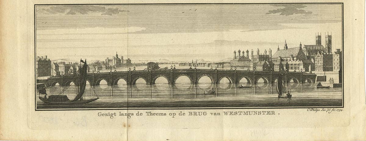 Antique Print with Views of the London Bridge and Westminster Bridge, 1754