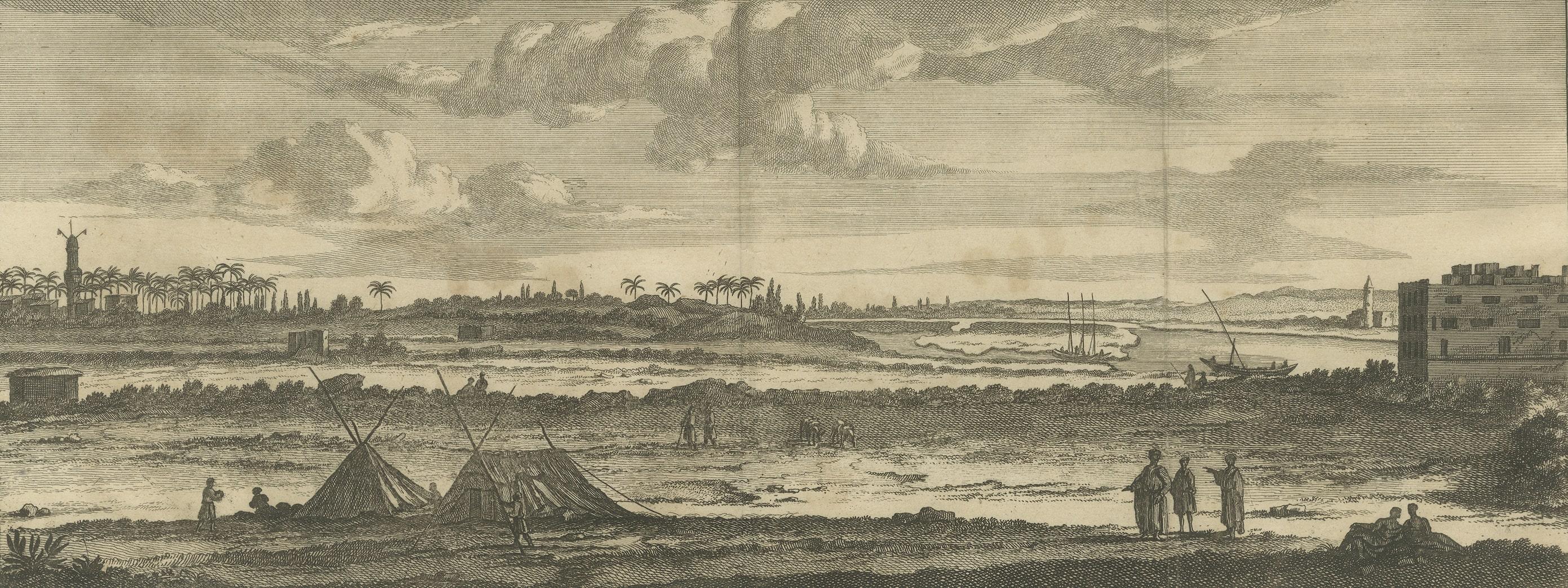 Gravure ancienne avec des vues du Nil, Égypte. Ci-dessous, près de Damiette. Publié par C.I.C., vers 1700.

Cornelis de Bruijn (également orthographié Cornelius de Bruyn, prononcé (1652 - 1726/7) était un artiste et voyageur néerlandais. Il a