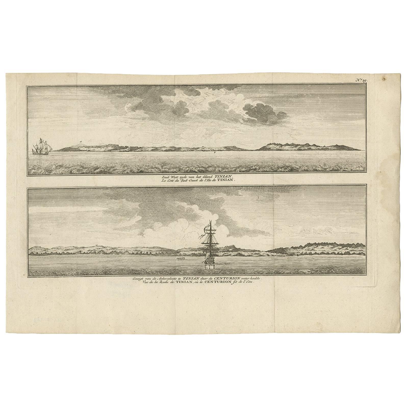 Antiker Druck mit Ansichten der teinischen Insel von Anson (ca. 1760)