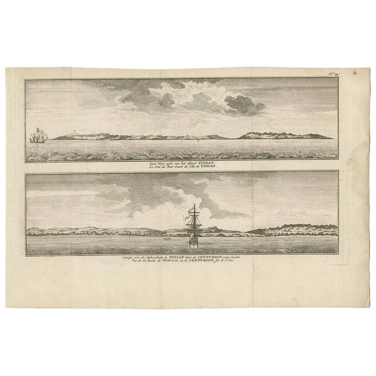 Antique Print with views of Tinian Island by Anson (c.1760)