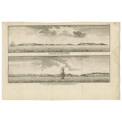 Antiker Druck mit Ansichten der teinischen Insel von Anson (ca. 1760)